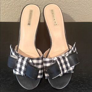 Tahari Black and White Checkered Bow Mules